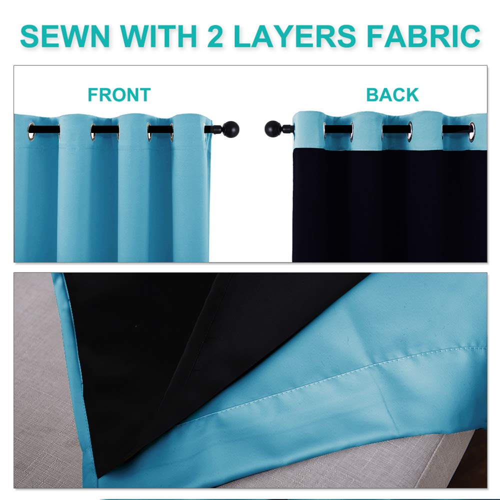 NICETOWN 100% Blackout Curtains 45 inches Long, Teal Blue, 1 Pair, 42 inches Width Each Panel, 2 Thick Layers Completely Blackout Window Treatment Thermal Insulated Lined Drapes for Small Window