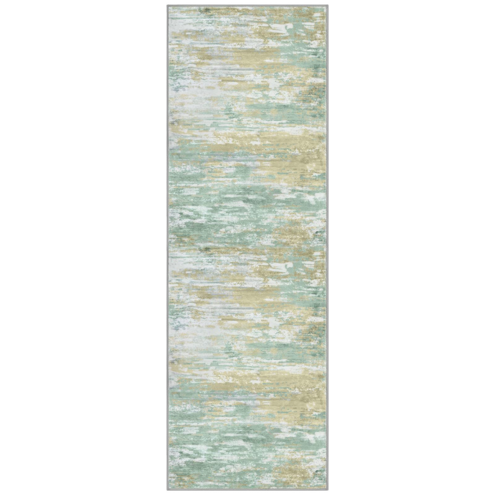 KOZYFLY Modern Abstract Runner Rugs 2x6 Light Green Yellow Machine Washable Area Rug for Bedroom Non-Slip Living Room Rug, Faux Wool Soft Low Pile Office Carpet for Bedroom, Kitchen Bathroom