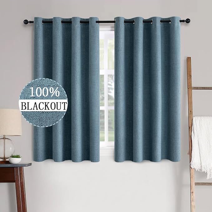 MIULEE 100% Blackout Linen Curtains for Bedroom 52x45 Inches Dusty Blue