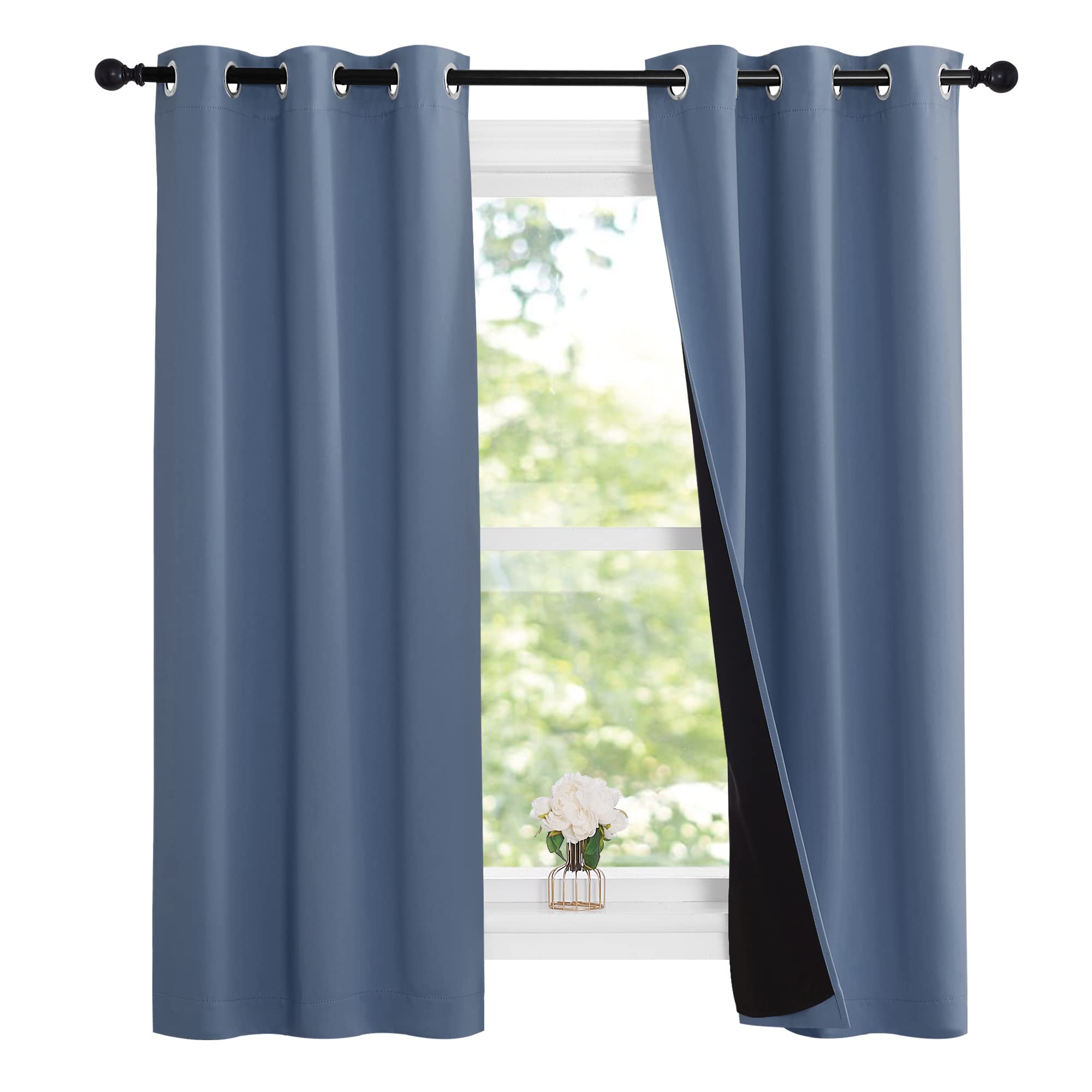 NICETOWN Stone Blue 100% Blackout Small Curtains 63 inches Long, Thermal Insulated Full Blackout 2-Layer Lined Drapes, Energy Efficiency Window Draperies for Boy's Room (2 Panels, 37-inch W)