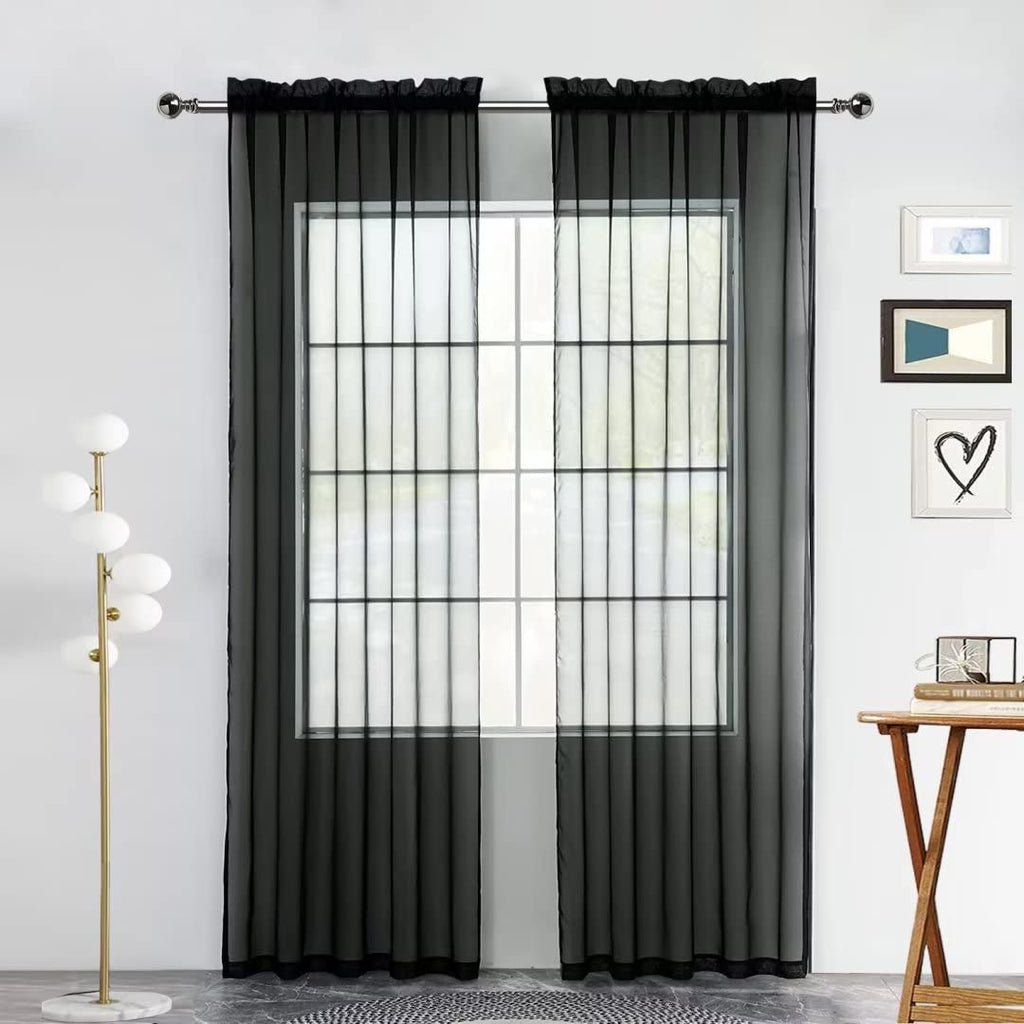 SpaceDresser Sheer Voile Window Treatment Rod Pocket Curtain Panels for Kitchen Bedroom Living Room Drapes Sunlight Filtering Privacy Semi Home Decor Assorted (Black, 52 W x 96 L)