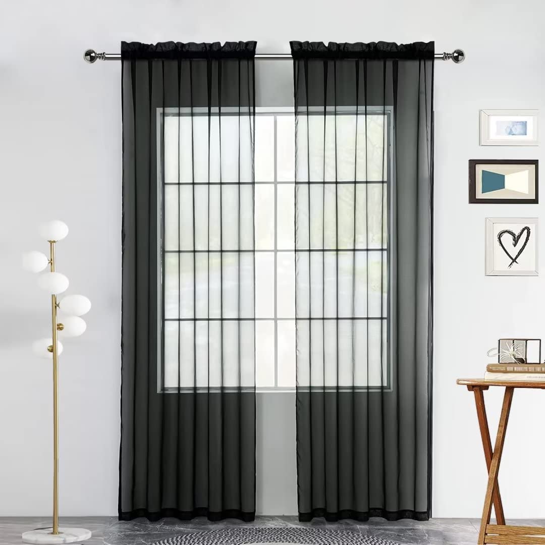 SpaceDresser Sheer Voile Window Treatment Rod Pocket Curtain Panels for Kitchen Bedroom Living Room Drapes Sunlight Filtering Privacy Semi Home Decor Assorted (Black, 52 W x 96 L)