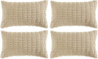 Fancy Homi 4 Packs Tan Decorative Throw Pillow Covers 14x24 Inch for Living Room Couch Bed Sofa, Beige Rustic Farmhouse Boho Home Decor, Soft Plush Striped Corduroy Square Cushion Case 35x60 cm