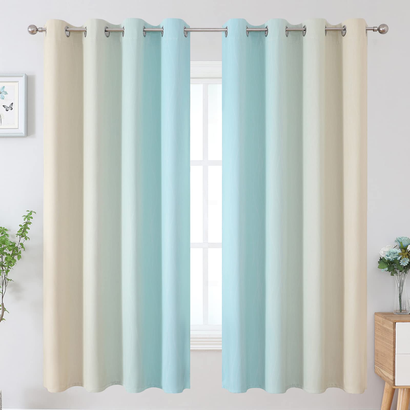 Estelar Textiler Aqua and Beige Ombre Blackout Curtains for Bedroom 63 Inch