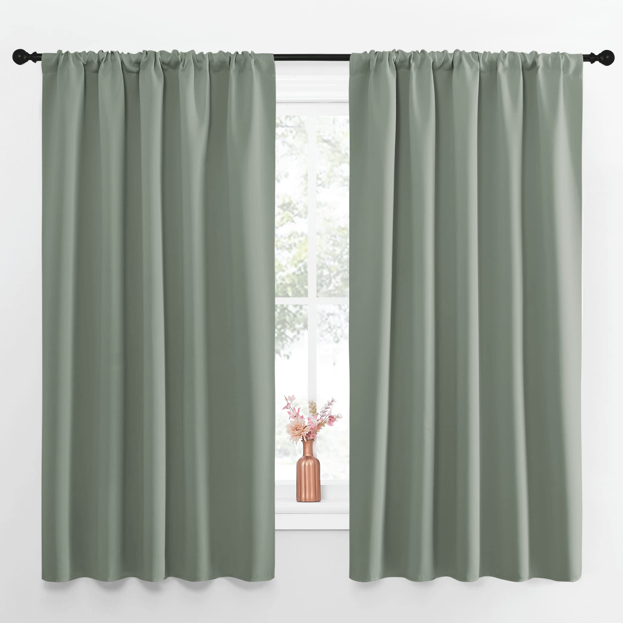 NICETOWN Window Curtains Blackout Drapes - Thermal Insulated Solid Rod Pocket Blackout Curtains/Draperies for Living Room (Greyish Green, One Pair, 52 by 63-Inch)