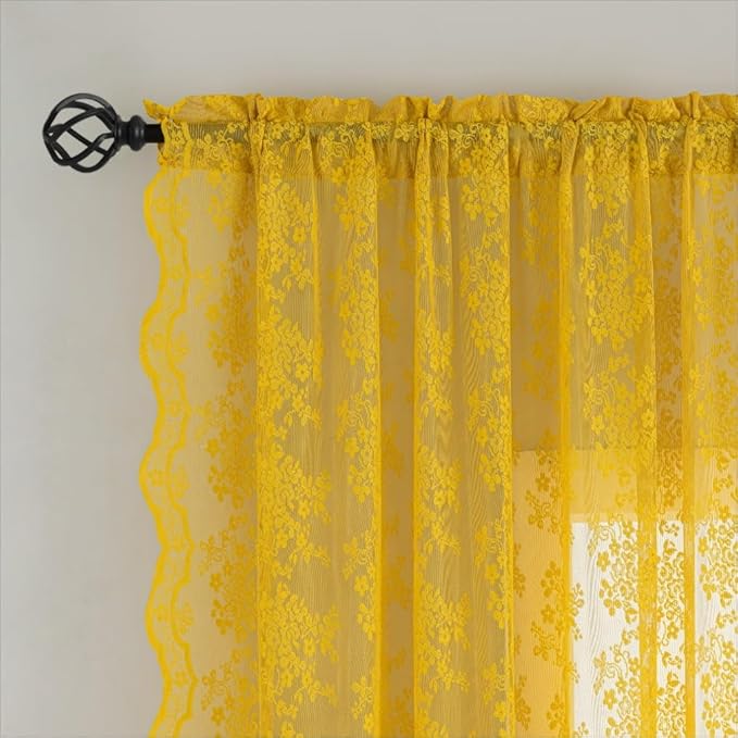 YJ YANJUN Vintage Lace Curtains 63 Inch Length-Victorian Floral Pattern Mustard Yellow Sheer Curtain Panels for Living Room Bedroom,Light Filtering, Summer Drapes 2 Panels 52W x 63L
