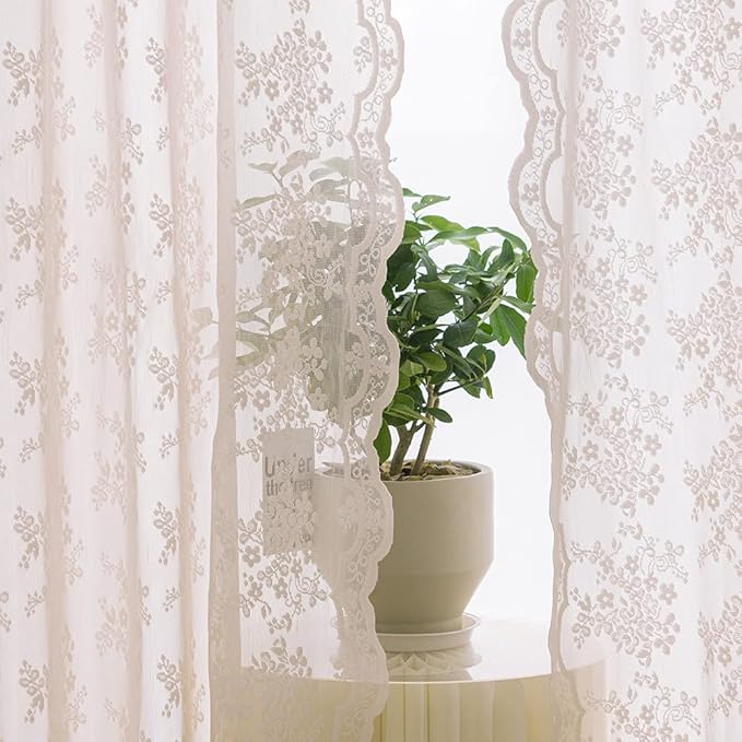 YJ YANJUN Vintage Lace Curtains 84 Inches Long-Victorian Floral Dusty Pink Sheer Curtain Panels for Living Room Bedroom Dining Room, Light Filtering, Shabby Chic Girls Drapes 2 Panels 52W x 84L