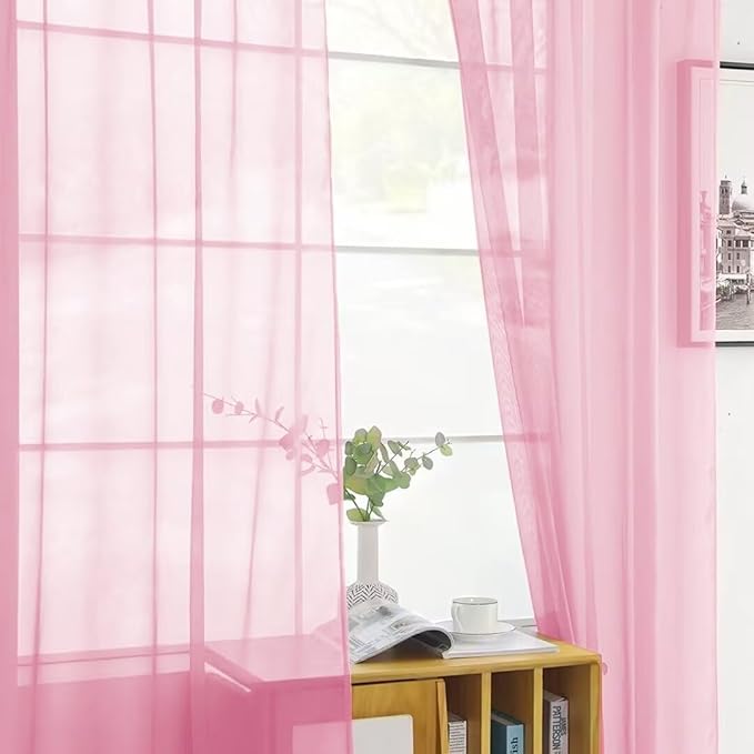 SpaceDresser Sheer Voile Window Treatment Rod Pocket Curtain Panels for Kitchen Bedroom Living Room Drapes Sunlight Filtering Privacy Semi Home Decor Assorted (Light Pink, 52 W x 54 L)