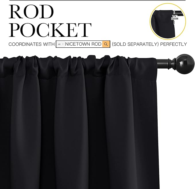 NICETOWN Black Blackout Curtain Blinds - Solid Thermal Insulated Window Treatment Blackout Drapes for Bedroom (2 Panels, 62 inches Wide by 72 inches Long)