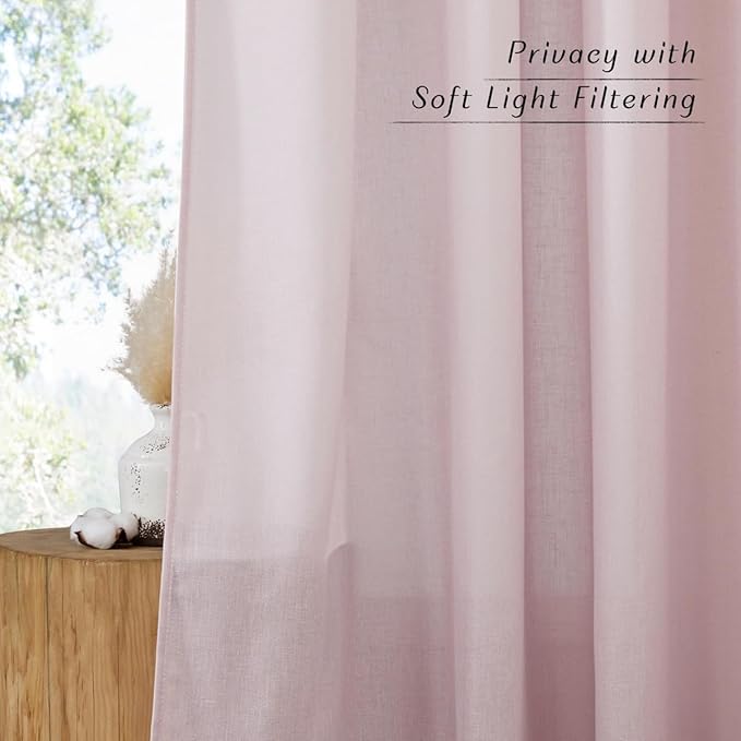 NICETOWN Blush Pink Linen Curtains for Kitchen, Thick Flax Small Window Treatments Semi Sheer Privacy Assured with Light Through for Cafe/Bathroom, W55 x L132, 2 Panels