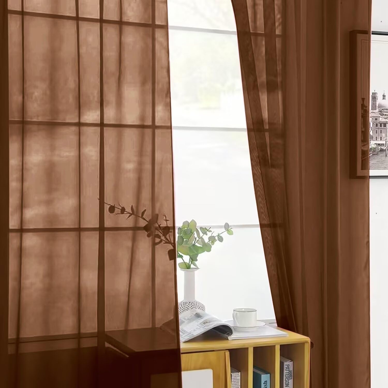 SpaceDresser Brown Sheer Curtains 4 Panels Rod Pocket Semi-Sheer Curtain 45 Inches Long Light Filtering Voile Window Drapes for Bedroom Living Room Kitchen, Each 52W x 45L