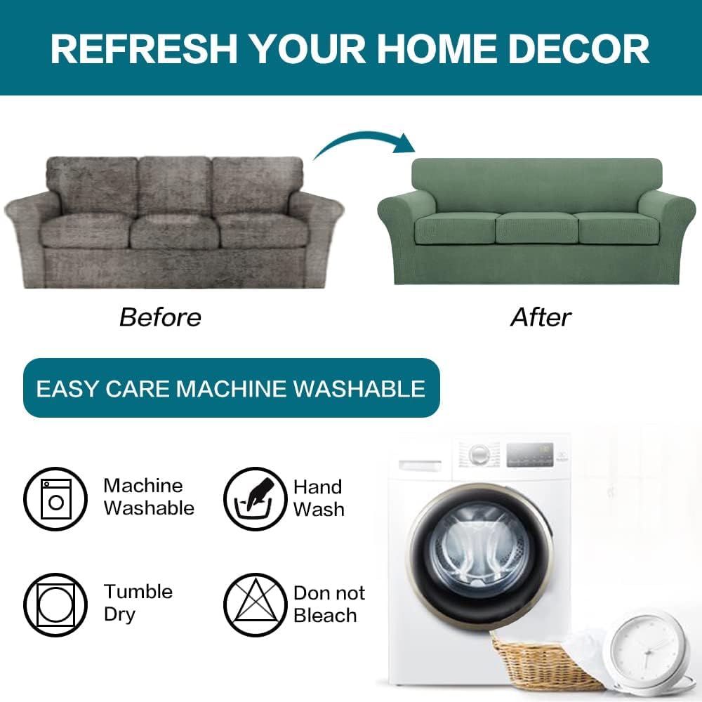 Turquoize 4 Piece Sofa Covers for 3 Cushion Couch Sofa Slipcover Soft Couch Cover for Dogs Washable Furniture Cover with 3 Individual Large Cushion Covers Feature Fabric (Large Sofa, Loden Frost)