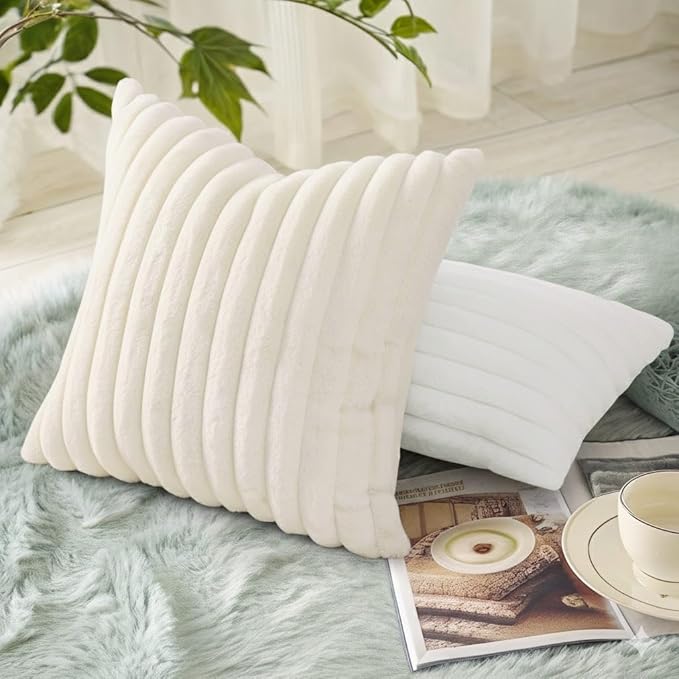 decorUhome Fall Faux Fur Throw Pillow Covers 18x18 Set of 2 Cream White