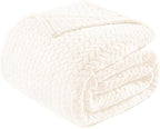 Exclusivo Mezcla Fleece Queen Size Blanket for Bed, 90x90 Inches Soft Cozy Jacquard Flannel Blankets, Lightweight Fuzzy Plush Warm for Women, Off White
