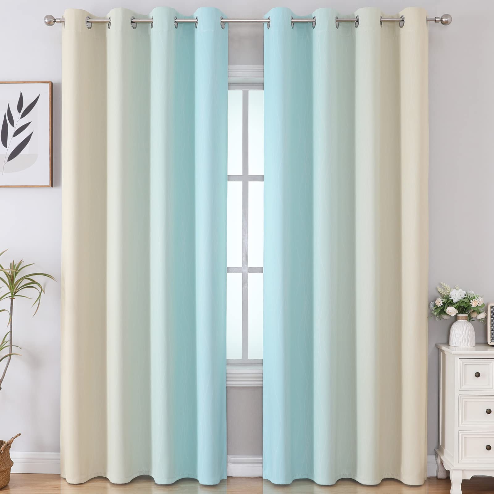 Estelar Textiler Aqua and Beige Ombre Blackout Bedroom Curtains 102 Inches