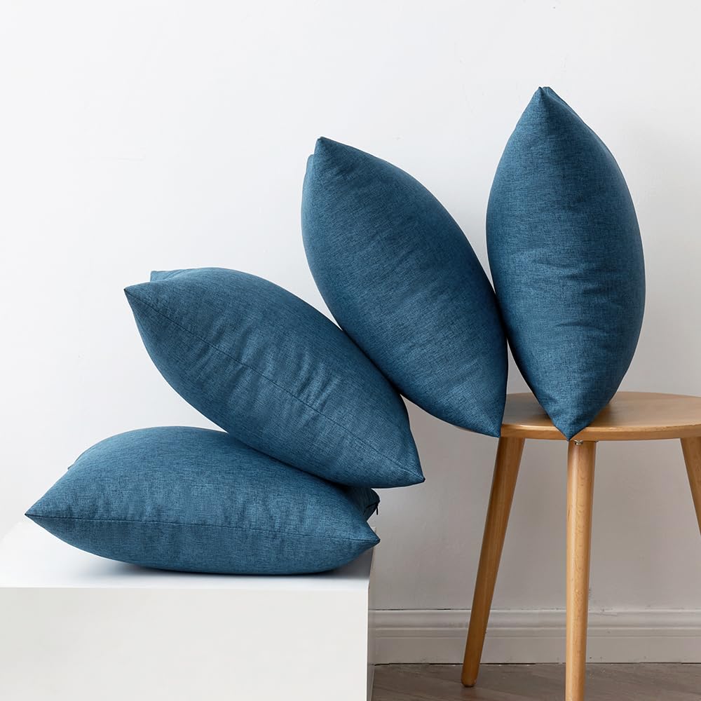 MIULEE Pack of 4 Decorative Outdoor Throw Pillow Covers Linen Waterproof Pillow Covers Summer Farmhouse Cushion Cases for Patio Garden Tent Balcony Couch Sofa 18x18 Inch Navy Blue