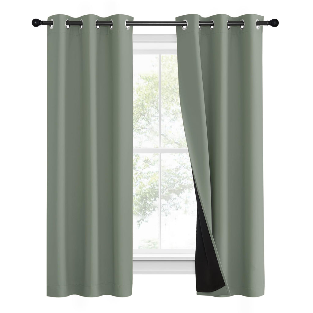 NICETOWN 100% Blackout Window Curtain Panels, Heat and Full Light Blocking Drapes with Black Liner for Nursery, 60" Drop Thermal Insulated Draperies (Greyish Green, 2 Pieces, 37" Wide Each Panel)