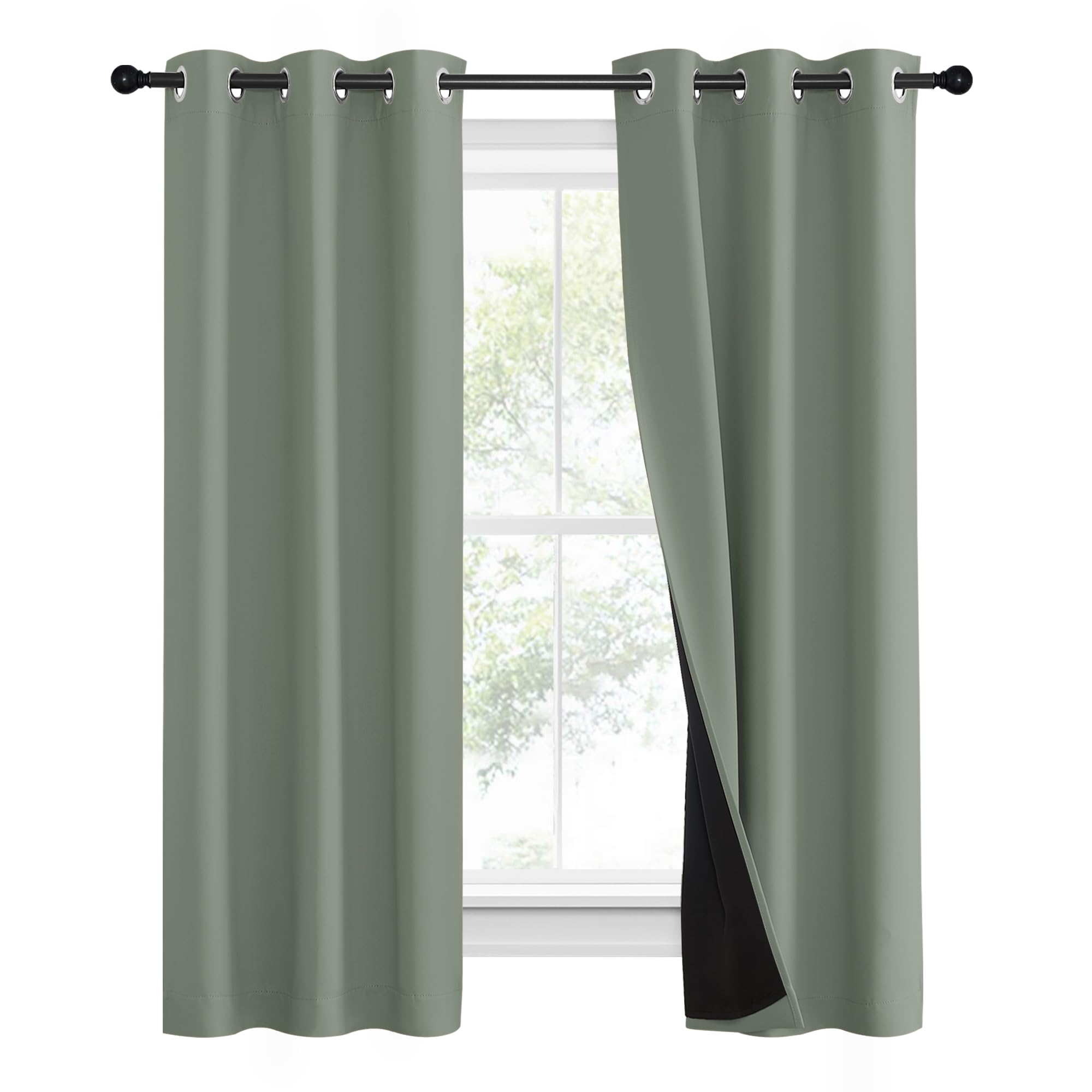 NICETOWN 100% Blackout Window Curtain Panels, Heat and Full Light Blocking Drapes with Black Liner for Nursery, 60" Drop Thermal Insulated Draperies (Greyish Green, 2 Pieces, 37" Wide Each Panel)