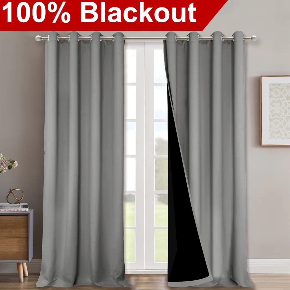 NICETOWN Total Shade Curtains and Draperies, Heavy-Duty Full Light Shading Drapes with Black Liner Backing for Villa/Hall/Dorm Window（Silver Grey, Package of 2 Panels, 52 inches Wide x 95 inches Long