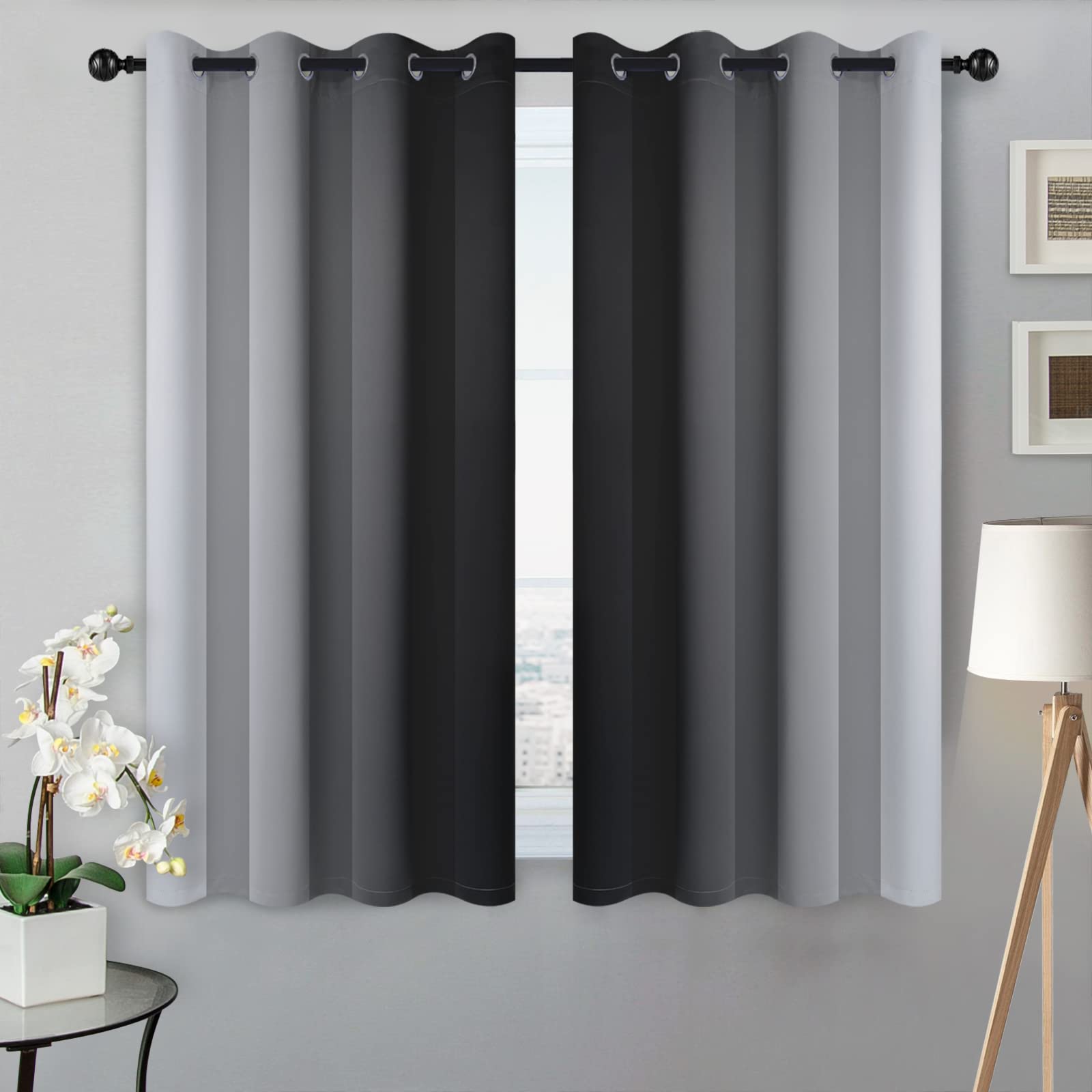 SimpleHome Ombre Black to Grey White Curtains for Living Room 52Wx54L
