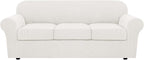 H.VERSAILTEX 4 Piece Stretch Sofa Covers for 3 Cushion Couch Covers for Living Room Furniture Slipcovers (Base Cover Plus 3 Seat Cushion Covers) Thicker Jacquard Fabric (Large Sofa, Porcelain White)