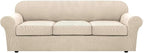 H.VERSAILTEX 4 Piece Stretch Sofa Covers for 3 Cushion Couch Covers for Living Room Furniture Slipcovers (Base Cover Plus 3 Seat Cushion Covers) Thicker Jacquard Fabric (Large Sofa, Natural)