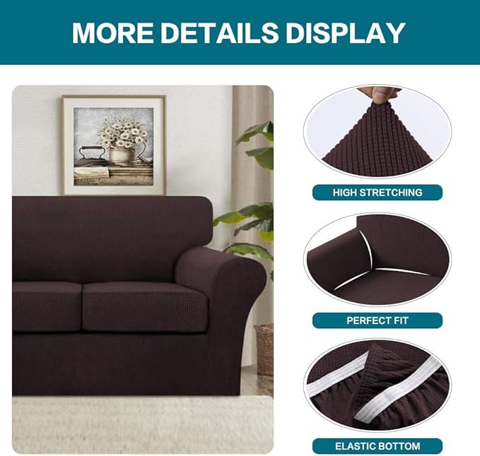 Turquoize 3 Piece Sofa Covers For 2 Cushion Couch Sofa Slipcover Soft Couch Cover For Dogs-Washable Sofa Furniture Covers With 2 Individual Cushion Covers, Feature Thick Fabric (2 Cushion Sofa, Brown)