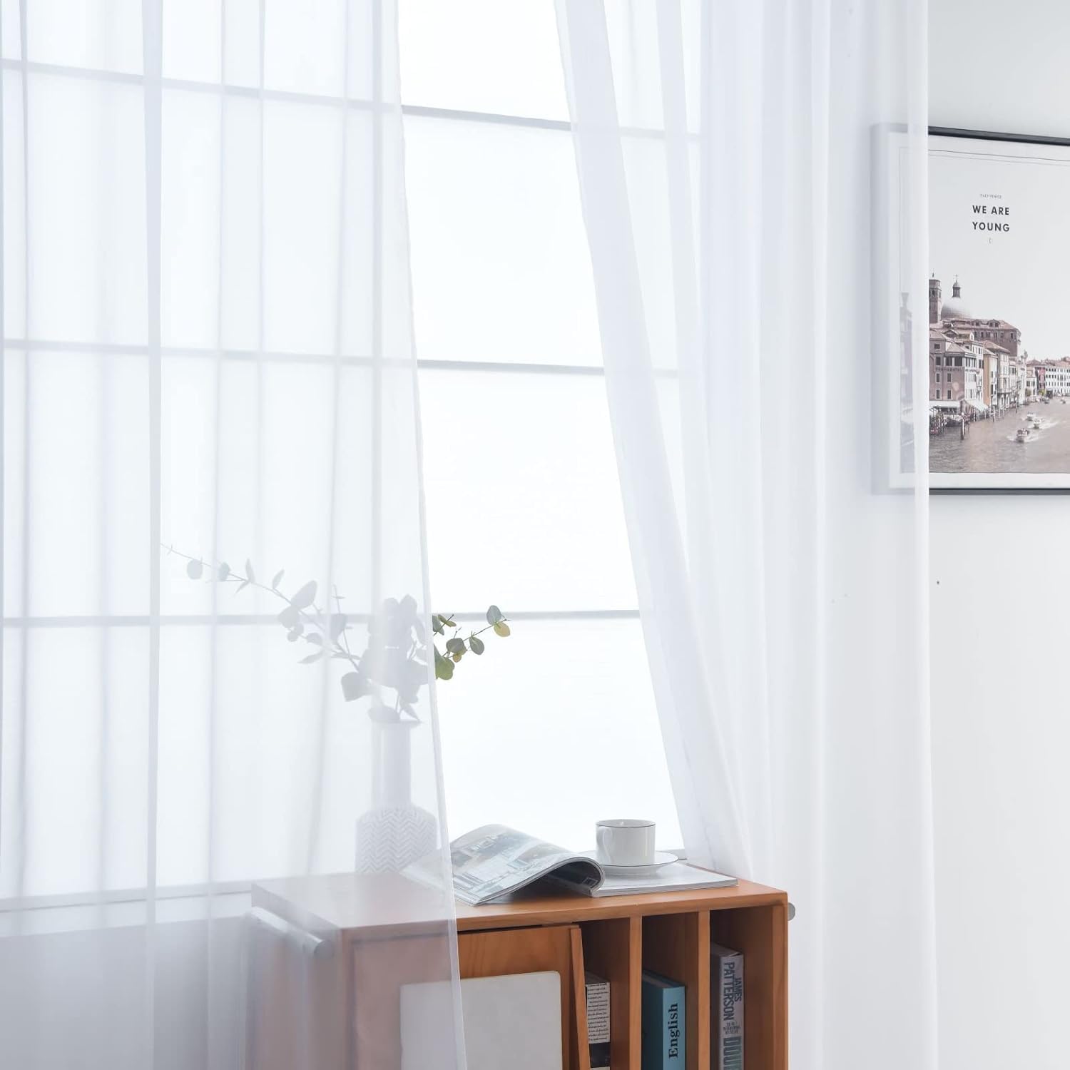 SpaceDresser Sheer White Curtains 4 Panels Rod Pocket Semi-Sheer Curtain 45 Inches Long Light Filtering Voile Window Drapes for Bedroom Living Room Kitchen, Each 52W x 45L