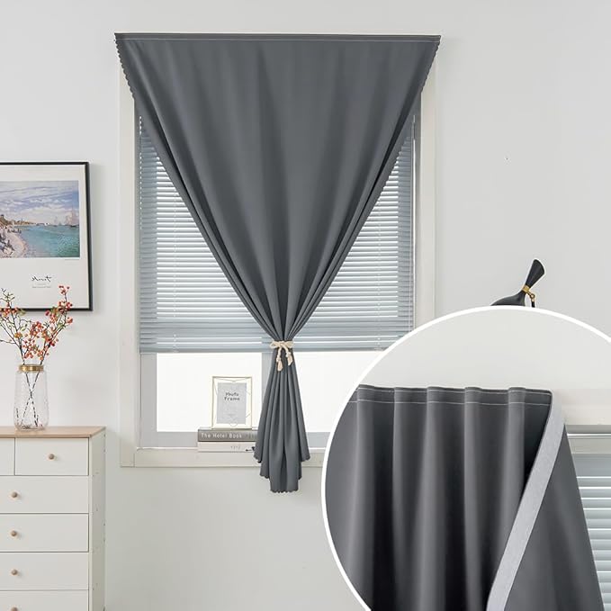 Sovtfides Magic Tape Stick On Curtains Window Shades Pull Down Blackout Window Cover Blackout Curtains for Bedroom No Drillng Self Adhesive Curtains No Rod Small Curtain, 35" W X 79" L, Grey, 1 Panel