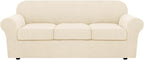 H.VERSAILTEX 4 Piece Stretch Sofa Covers for 3 Cushion Couch Covers for Living Room Furniture (Base Cover Plus 3 Seat Cushion Covers) Upgraded Thicker Jacquard Fabric (Sofa, Cream)