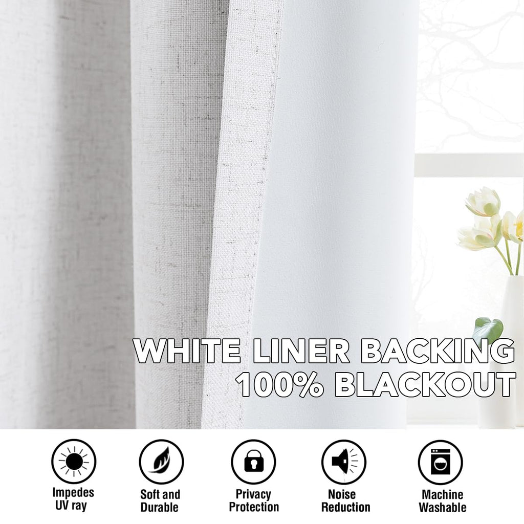 H.VERSAILTEX Linen Curtains 100% Blackout Curtains for Bedroom 96 inch Long Full Light Blocking Nature Linen Blended Window Curtains for Living Room Nickel Grommet (2 Panels, Heathered White)