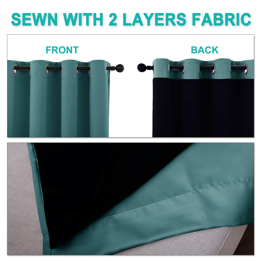 NICETOWN 100% Blackout Short Curtains with Black Liners, 2 Panels, 37" W by 63" L, Sea Teal, Solid Thermal Insulated Full Blackout 2-Layer Lined Drapes, Energy Efficiency Window Draperies for Bedroom