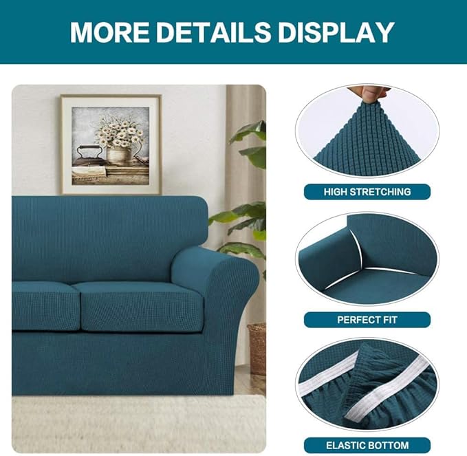 Turquoize 4 Piece Sofa Covers for 3 Cushion Couch Sofa Slipcover Soft Couch Cover for Dogs-Washable Sofa Furniture Covers with 3 Individual Large Cushion Covers Jacquard Fabric(XL Sofa,Deep Teal)