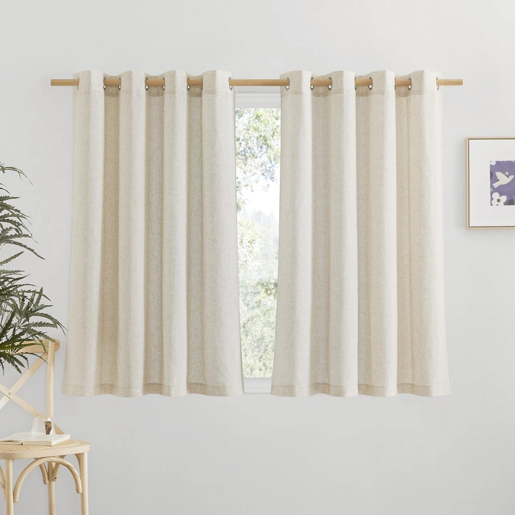 NICETOWN Natural Linen Cafe Curtains 45 inch Length, Thick Flax Linen Window Treatments Privacy Assured with Light Filtering for Farmhouse/Bedroom, W55 x L45, 2 Panels
