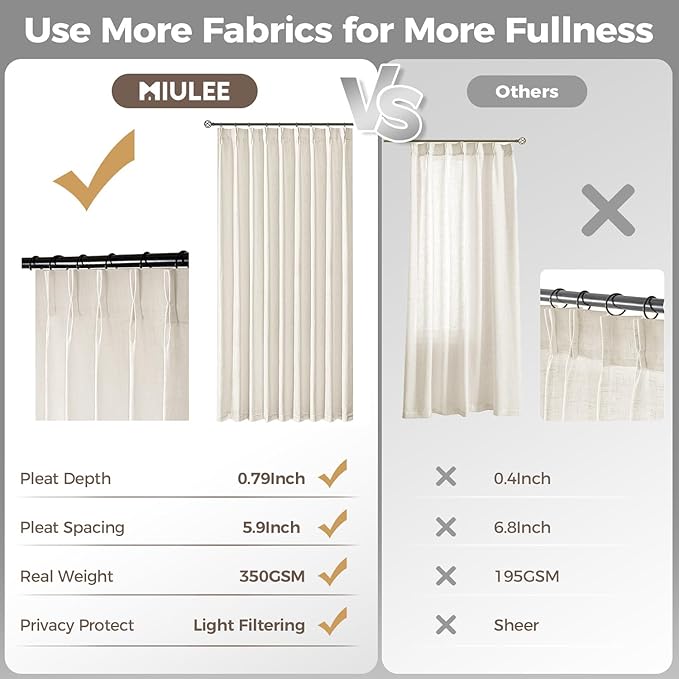 MIULEE Pinch Pleated Thick Linen Curtains 84 Inches Long 2 Panels for Living Room Bedroom, Linen Texture Memory Trained Drapes Pinch Pleat Light Filtering Neutral Ivory Cream Farmhouse Window Curtains