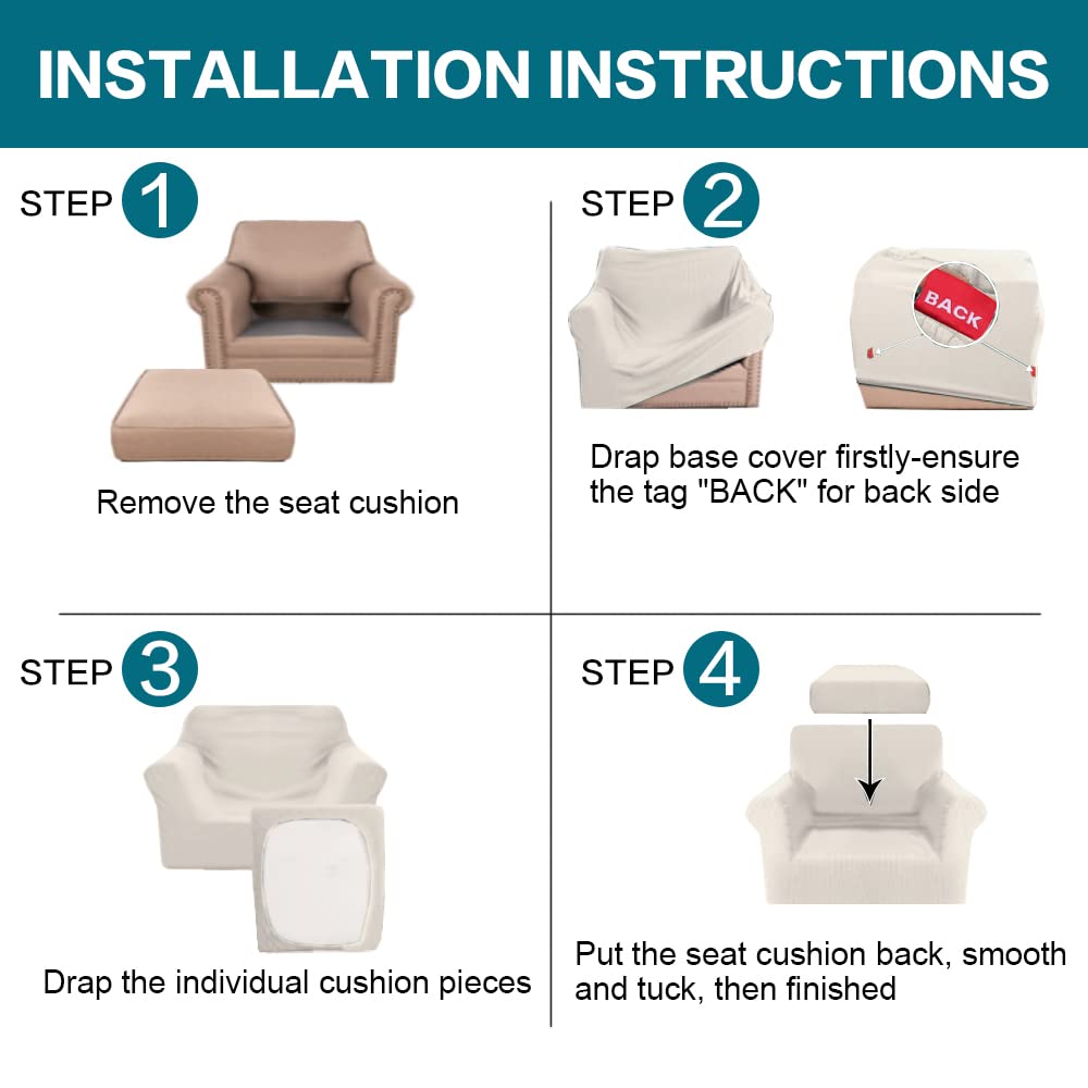 Turquoize 2 Piece Chair Covers for Living Room Armchair Couch Cover with Individual Cushion Covers Furniture Cover for Chairs Feature Jacquard Fabric (Chair, Ivory)