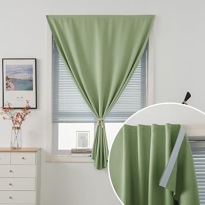 Magic Tape Blackout Curtains for Bedroom No Drillng Self Adhesive Curtains No Rod Small Window, 59" W X 71" L, Sage Green, 1 Panel
