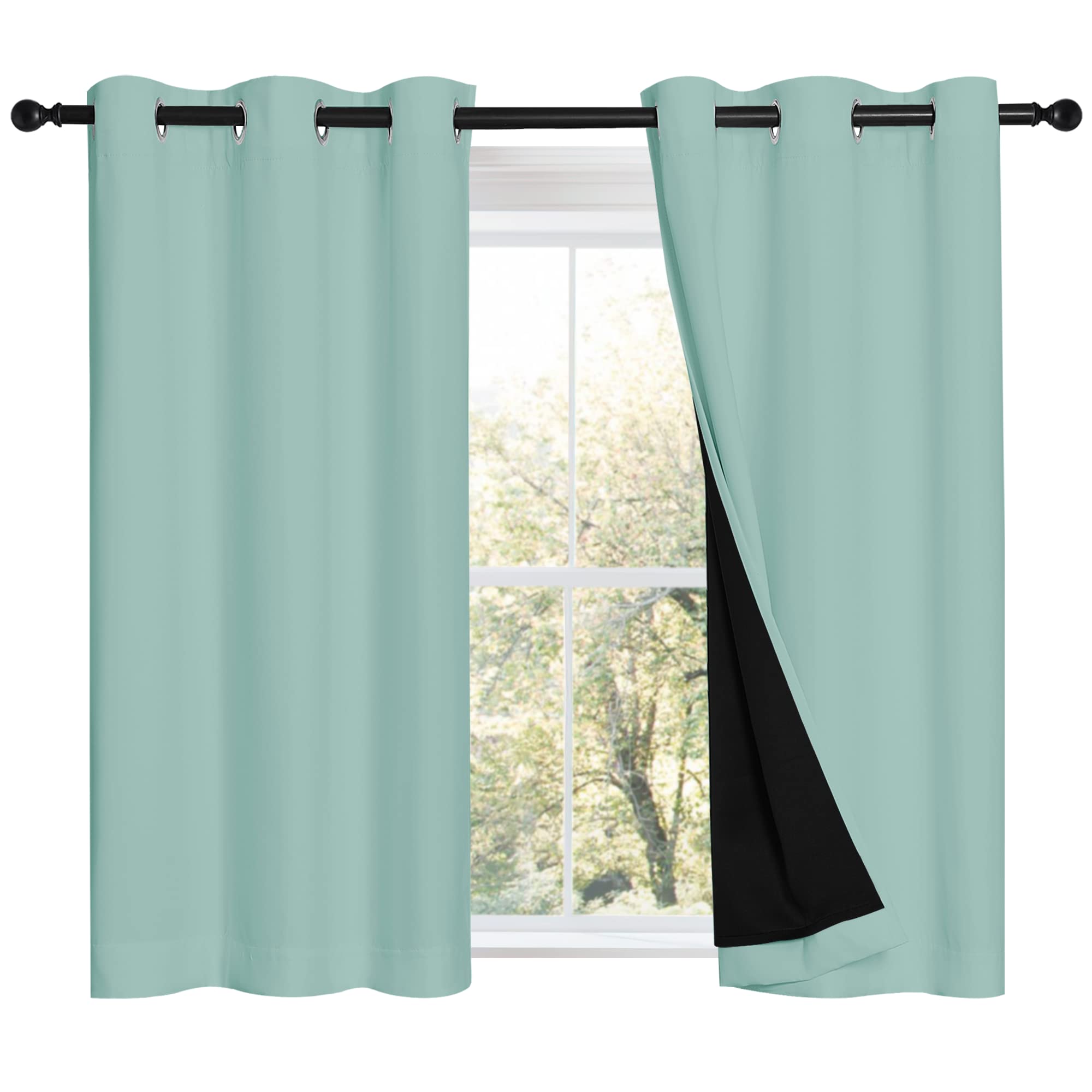 NICETOWN Aqua Blue 100% Blackout Curtains 45 inches Long, 2 Thick Layers Completely Blackout Window Treatment Thermal Insulated Lined Drapes for Small Window (1 Pair, 42 inches Width Each Panel)