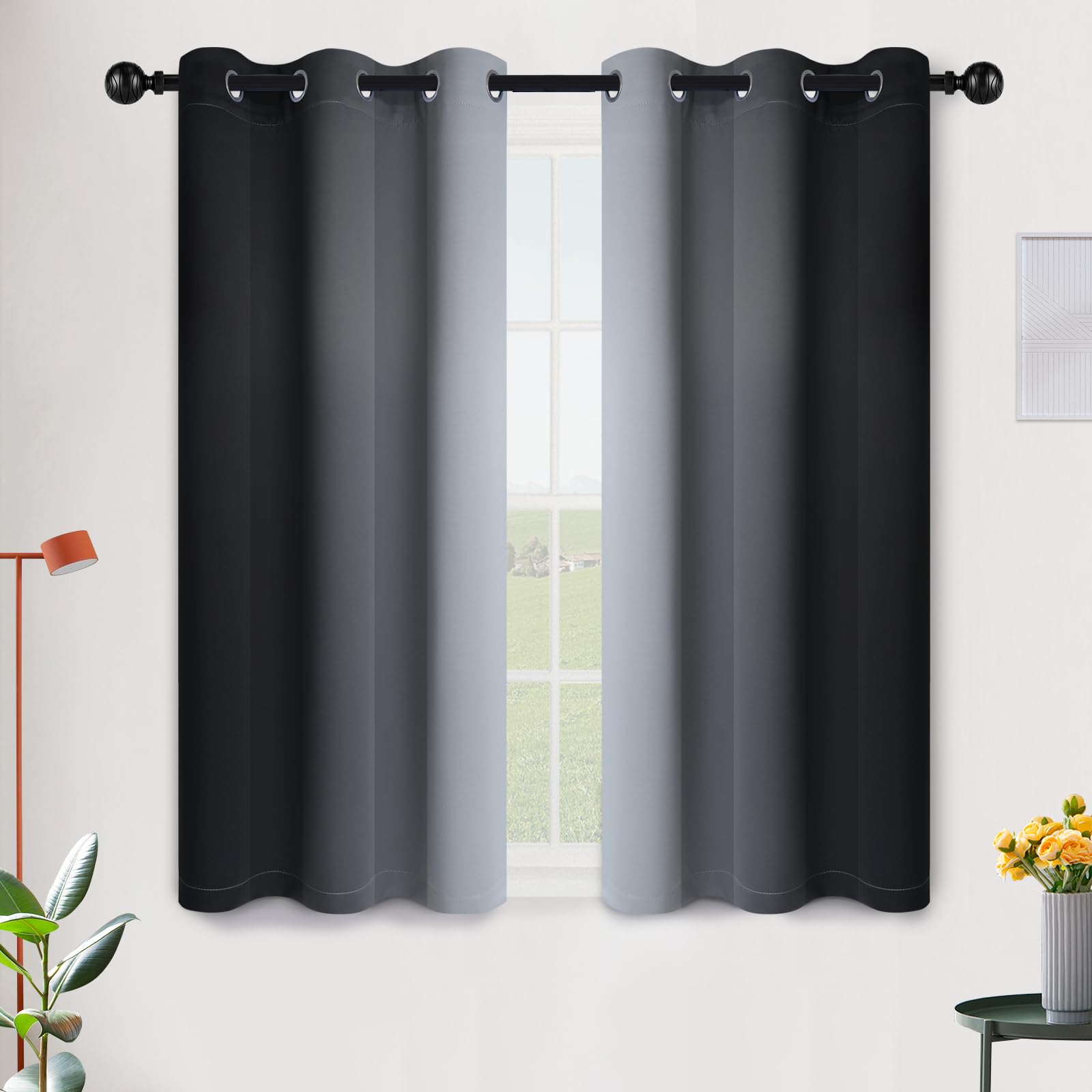 SimpleHome Ombre Black to Grey White Curtains for Living Room 42Wx45L