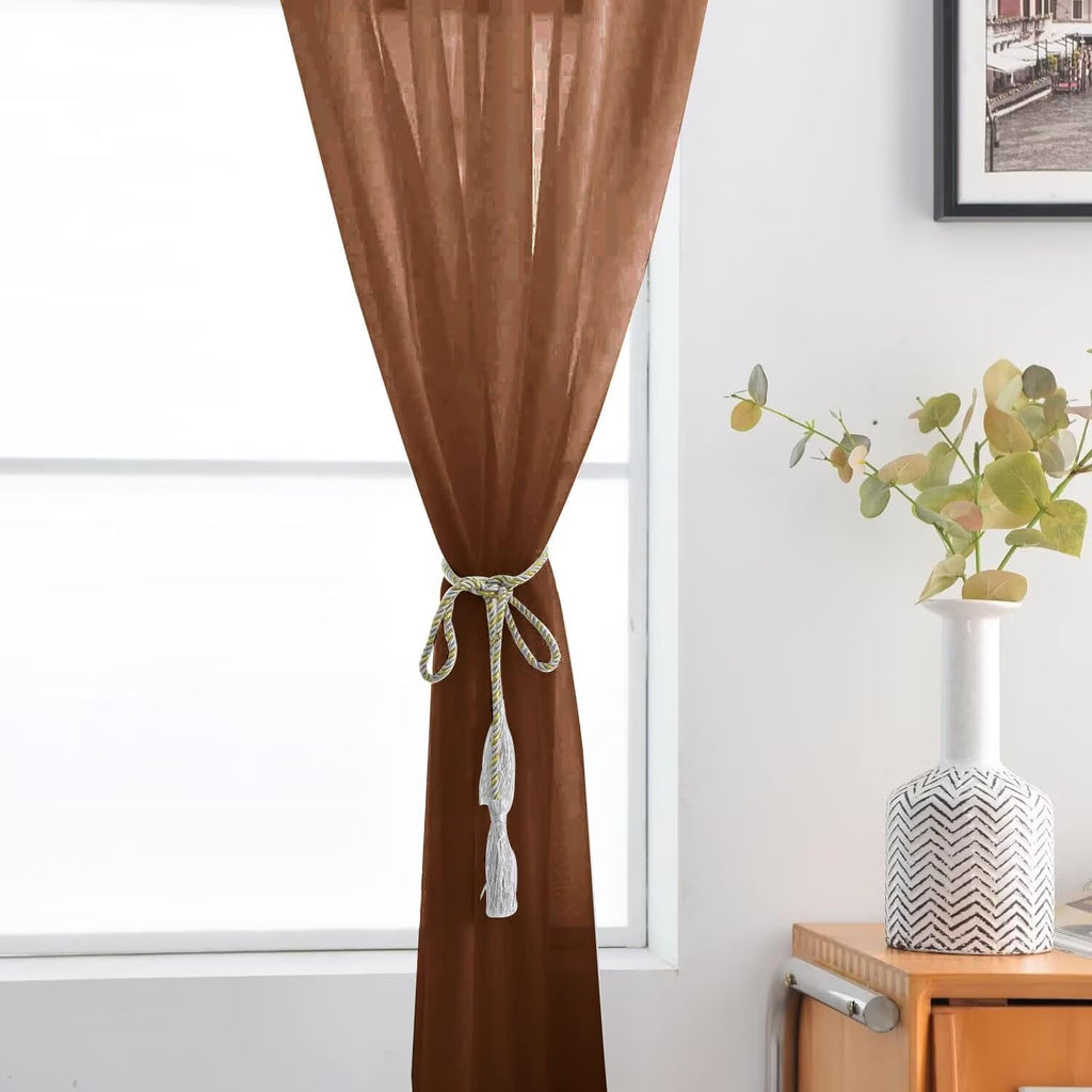 SpaceDresser Brown Sheer Curtains 4 Panels Rod Pocket Semi-Sheer Curtain 45 Inches Long Light Filtering Voile Window Drapes for Bedroom Living Room Kitchen, Each 52W x 45L