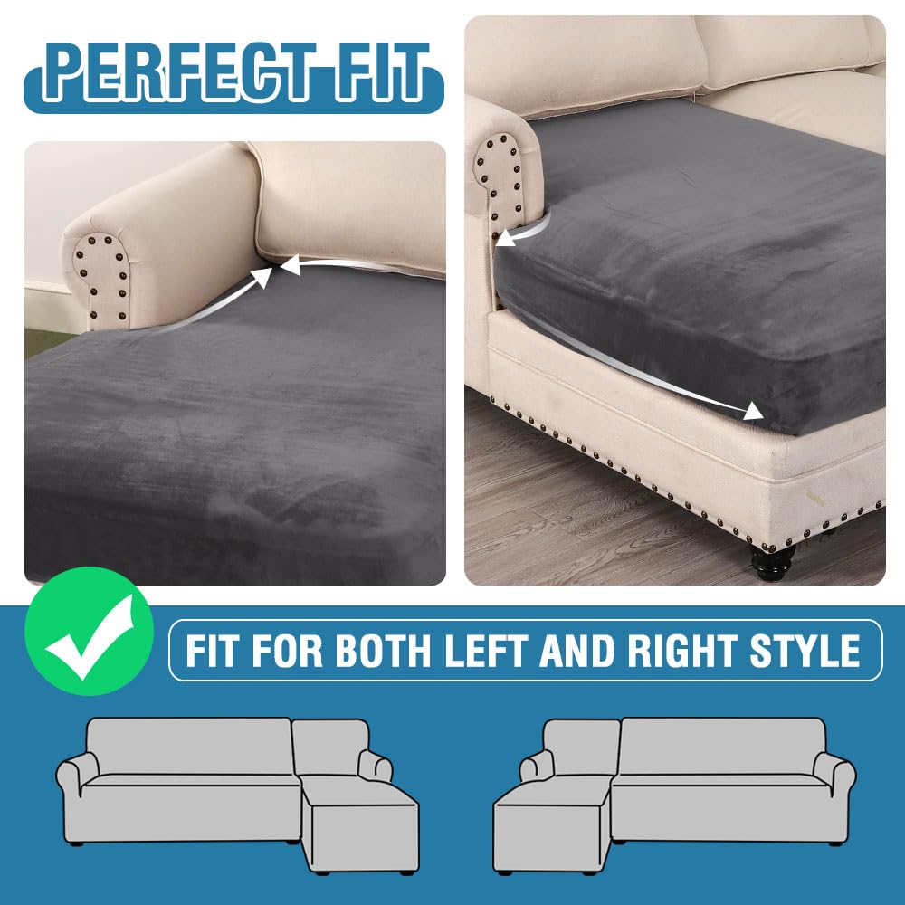 H.VERSAILTEX Velvet Stretch Individual Chaise Cover Sectional Couch Covers for L Shaped Sofa Both Left/Right Furniture Protector Seat Cushion Sofa Cover (1 Piece Chaise Cover, Grey)