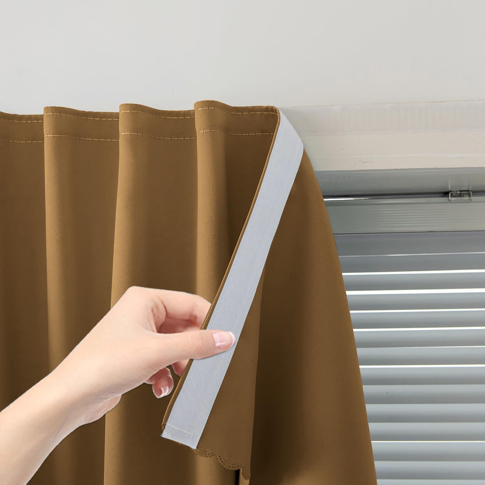 Sovtfides Self Adhesive Curtains, Stick Curtain Blackout Shades Window Cover Curtains for Living Room No Drilling, 47" W X 84" L, Brown, 1 Panel