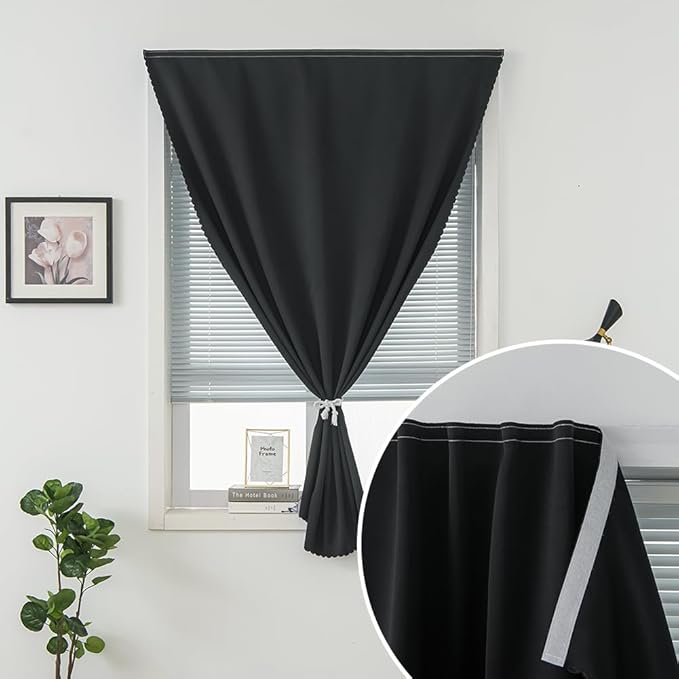 Sovtfides Adhesive Blackout Curtains- Self Stick Curtain No Rod Needed Easy to Hang Curtain, Use for Bedroom, Living Room, Dining Room, Kitchen, 59" W X 96" L, Black, 1 Panel
