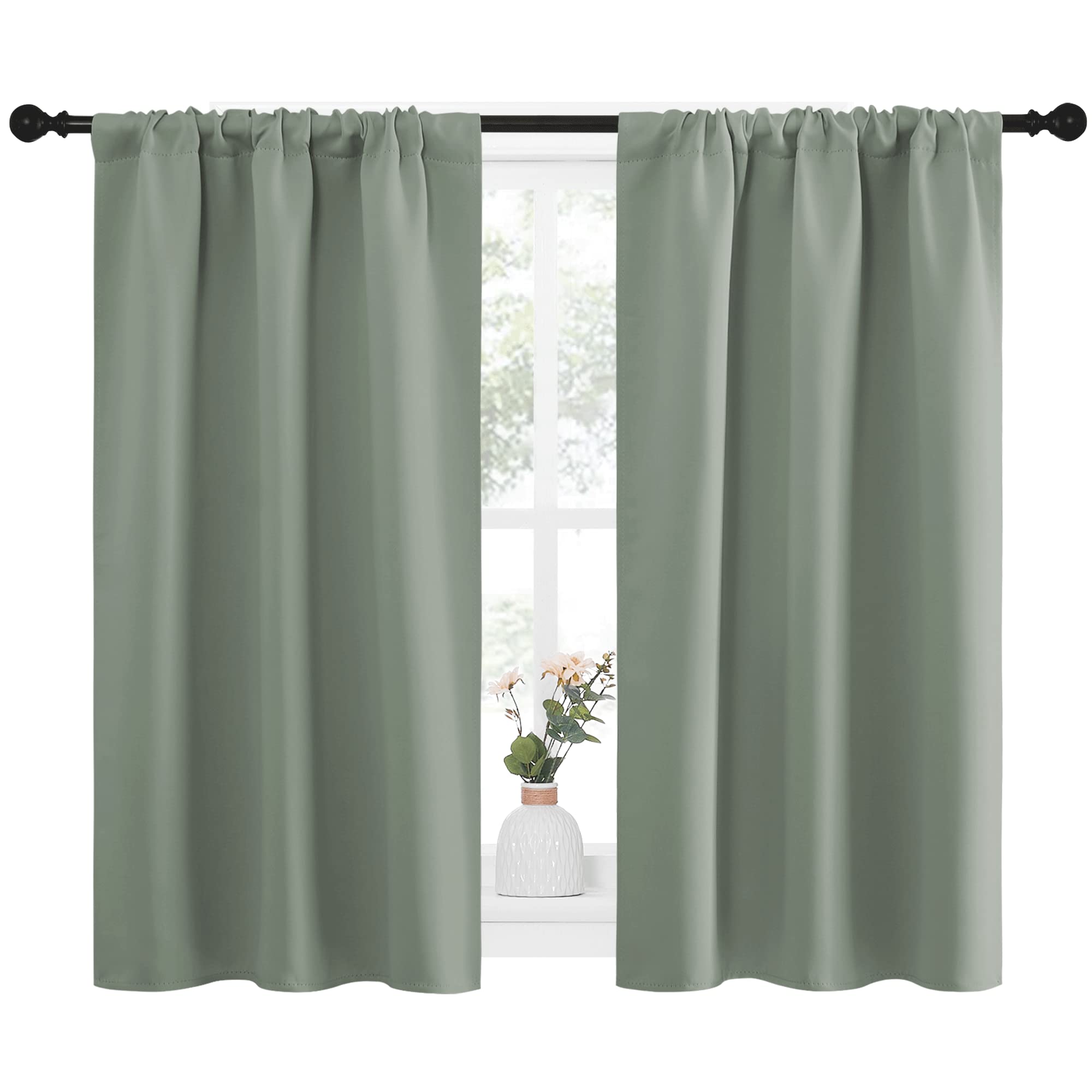 NICETOWN Window Curtains Blackout Drapes - Thermal Insulated Solid Rod Pocket Blackout Curtains/Draperies for Living Room (Greyish Green, One Pair, 34 by 45-Inch)