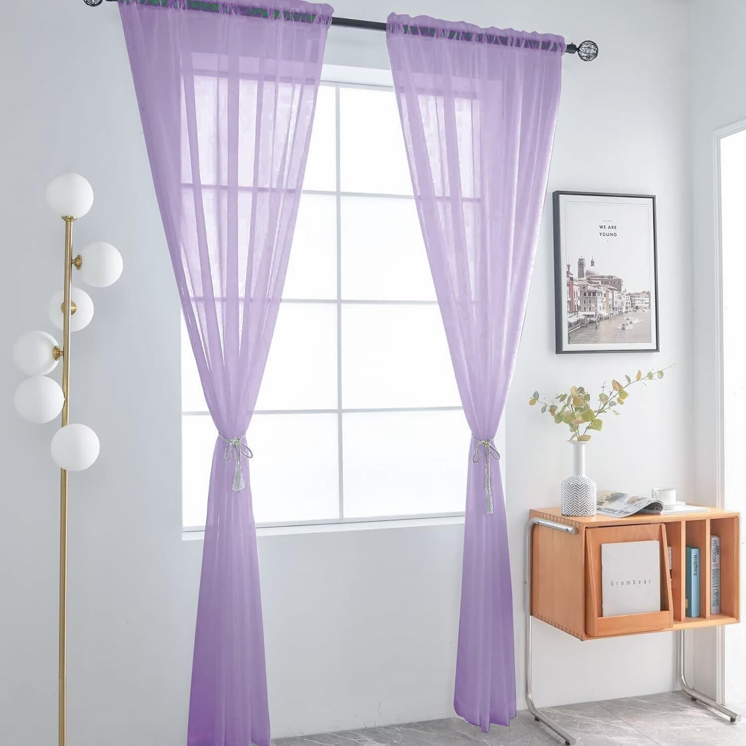 SpaceDresser Sheer Voile Window Treatment Rod Pocket Curtain Panels for Kitchen Bedroom Living Room Drapes Sunlight Filtering Privacy Semi Home Decor Assorted (Lavender, 52 W x 54 L)