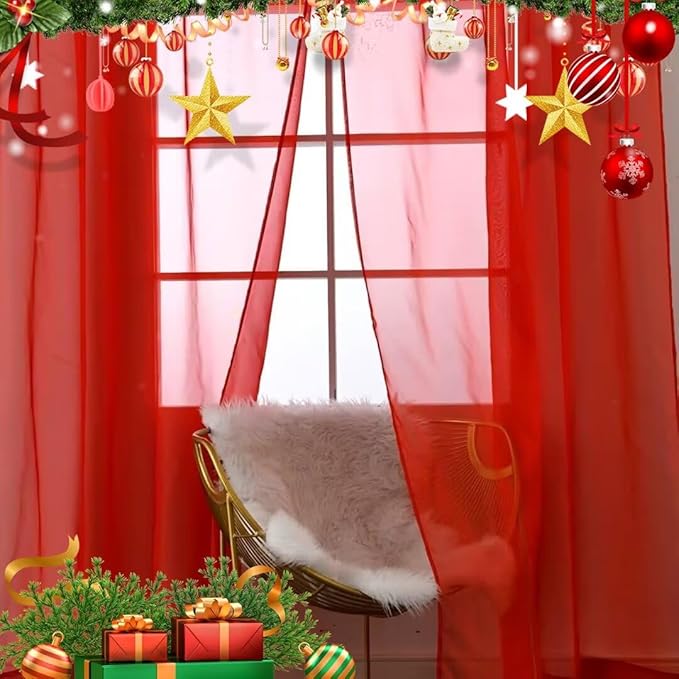SpaceDresser Basic Rod Pocket Sheer Voile Window Curtain Panels Red 1 Pair 2 Panels 60 Width 108 Inch Long for Kitchen Bedroom Children Living Room Yard（Red, 60W x 108L）