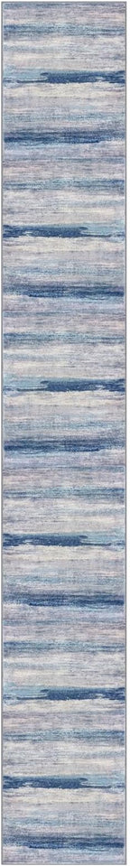KOZYFLY Modern Abstract Washable Long Rug Runner 2.6x18 Hallway Rug Runner Non-Slip Soft Stair Runners, Blue/Grey/Beige Striped 18 feet Runner Rug for Kitchen Entryway Bathroom Foyer