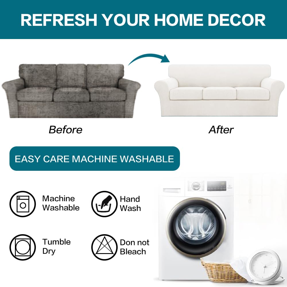 Turquoize 4 Piece Sofa Covers for 3 Cushion Couch Sofa Slipcover Soft Couch Cover for Dogs-Washable Sofa Furniture Cover with 3 Individual Cushion Covers (3 Cushion Sofa, Porcelain White)