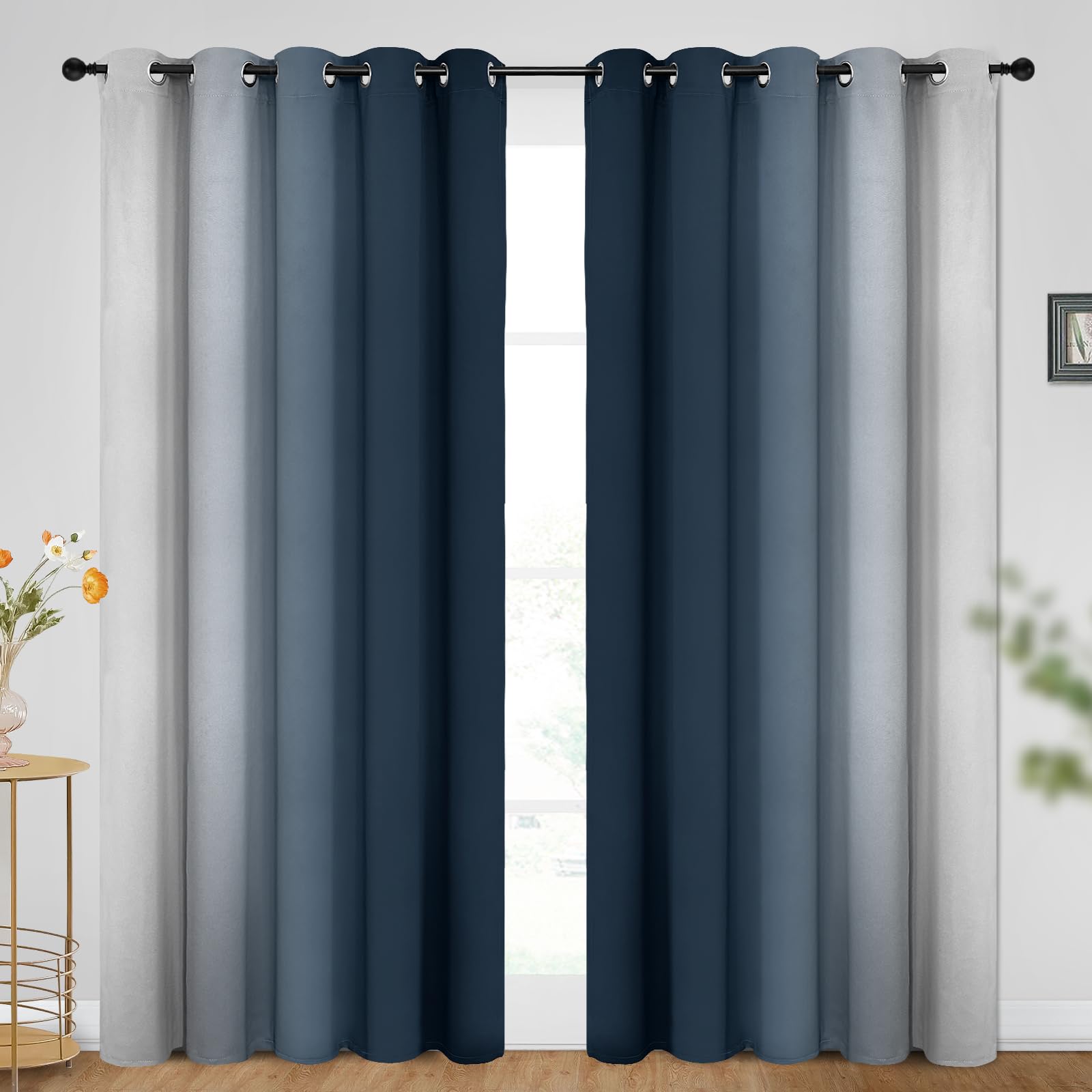 SimpleHome Ombre Navy Blue to Grey White Curtains for Living Room 70Wx84L