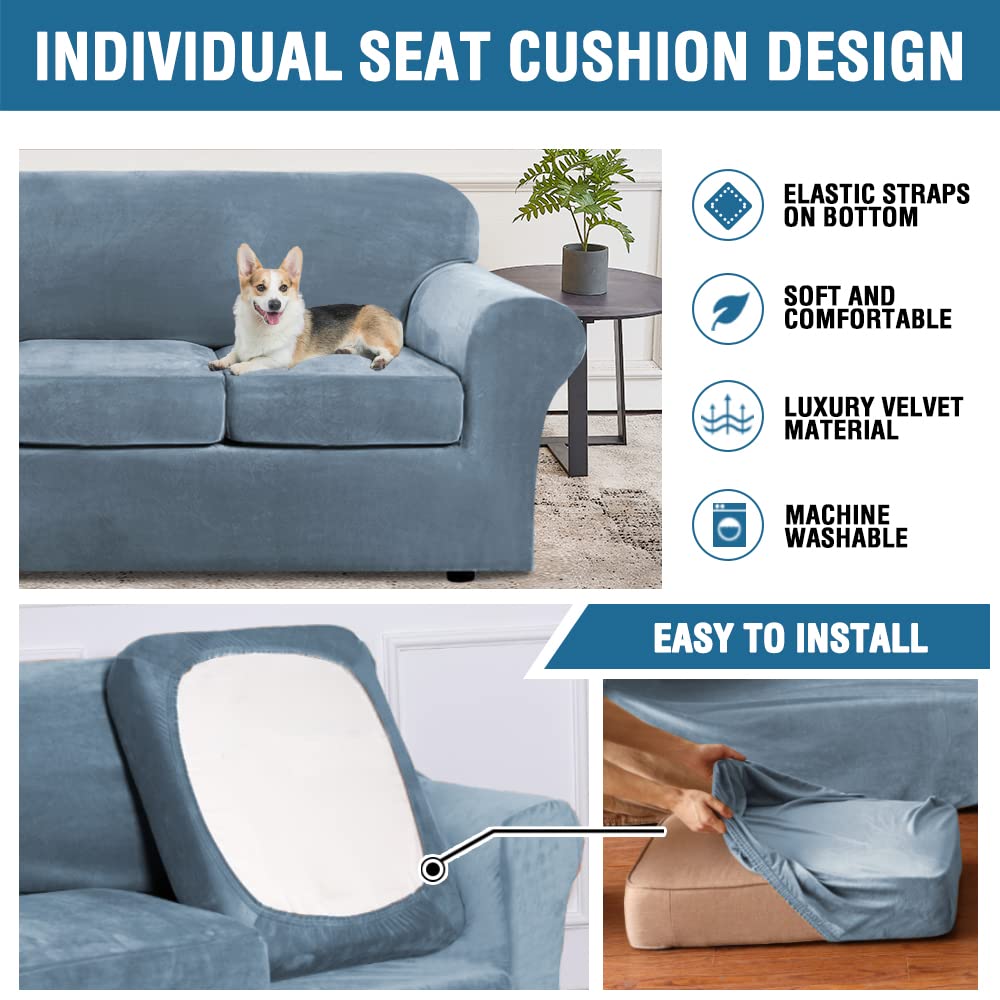 H.VERSAILTEX Real Velvet Plush 3 Piece Stretch Sofa Covers Couch Covers for 2 Cushion Couch Sofa Slipcovers Width Up to 90 Inch Feature Thick Soft Stay in Place (Large Sofa, Stone Blue)